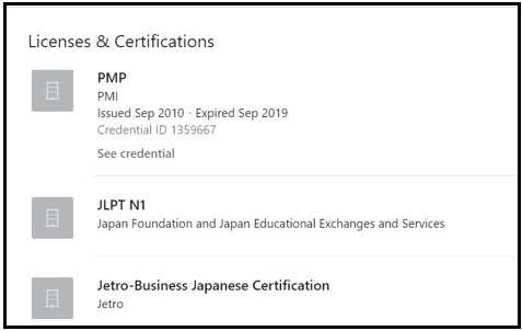 Example of how to list all your licences and certification on your profile.